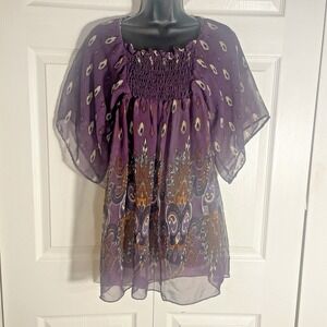 Vintage Tramp Sheer Y2K Babydoll Shirt Women M Purple Paisley Flowy Boho Blouse